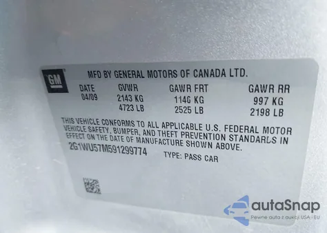 2009 Chevrolet Impala Ltz из США, поврежденный, VIN 2G1WU57M591299774